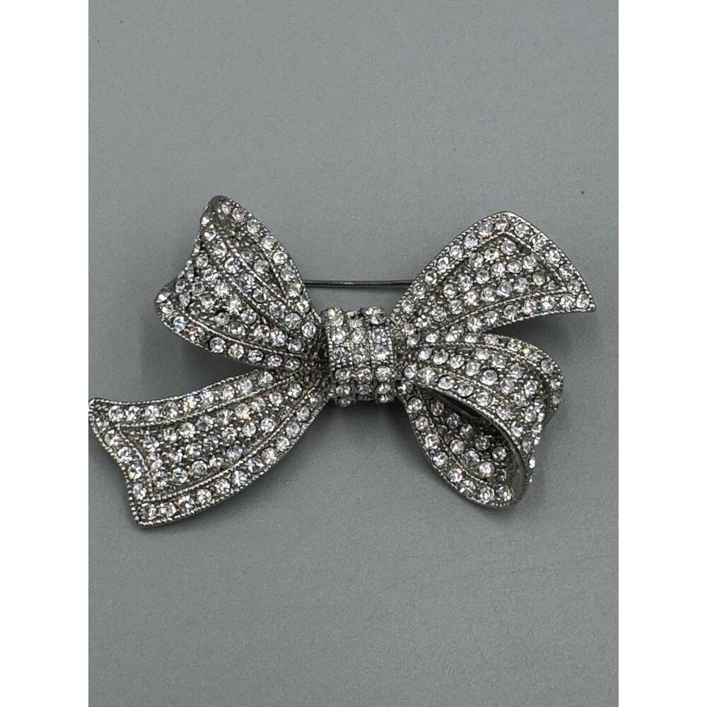 Silver Colored Rhinestone Bow Brooch Lapel Pin